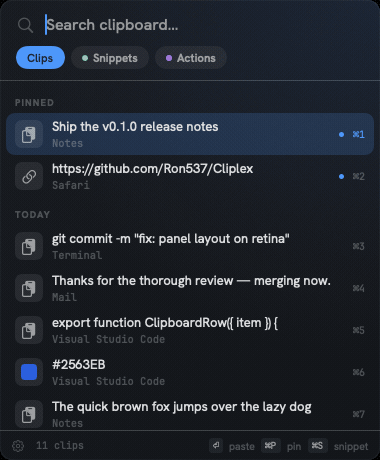 Cliplex quick panel — history, search, snippets, and actions